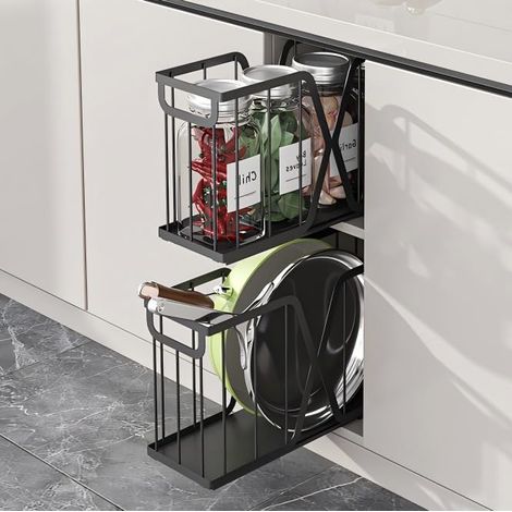 Étagère coulissante extensible pour placard de cuisine – Organisateur gain de place en acier carbone, panier tiroir extractible, pose adhésive – Noir, 1 pièce (ZWJ-3012-BK) (1/5)