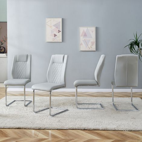 Lot de 4 chaises salle à manger, revêtement PU gris clair, pieds métal argenté, dossier en maille, patins antidérapants, Convient aux restaurant/bureau/salon (1/5)