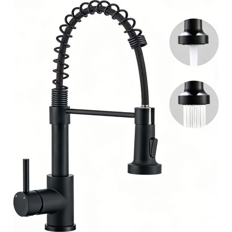 AICA Ausziehbare Einhand‑Küchenmischbatterie 360° drehbar 2 Strahlarten Hochdruck Küchenwasserhahn aus 304‑Edelstahl Feder‑Spiral schwarz matt (1/5)