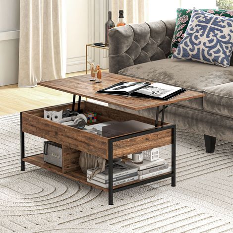 Tavolino da caffè con piano sollevabile, tavolino da soggiorno con vano portaoggetti nascosto, 2 ripiani inferiori, 100 x 80 x 60 cm, marrone rustico e nero