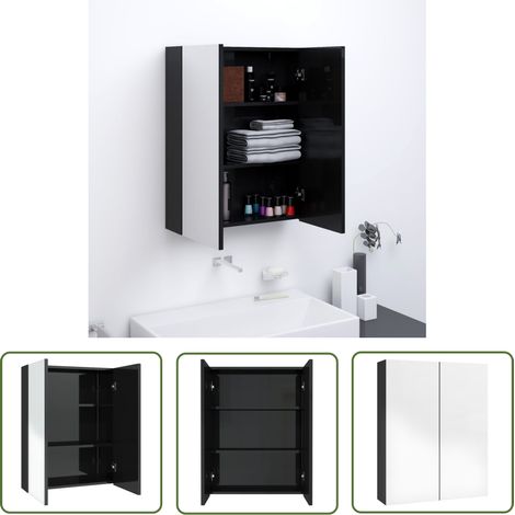 The Living Store Armoire à miroir de salle de bain 60x15x75 cm MDF Noir brillant - Armoire De Salle De Bain - Meuble De Salle De Bain - Miroir Mural - Rangement Salle De Bain - Commode Salle De Bain (1/5)