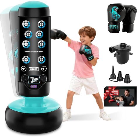 Sac de Boxe Enfants, 160 cm Kit de Boxe Gonflable avec Gants de Boxe, Sac de Boxe sur Pied avec Affichage du Score, Tapis Lumineux et Musical pour s'entraîner au karaté, au Taekwondo (1/5)