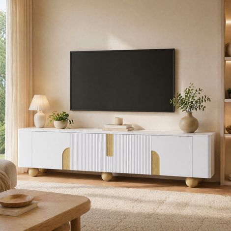 Mueble TV 165x32x55 cm blanco y negro de aglomerado, 2 puertas con chimenea decorativa (1/5)