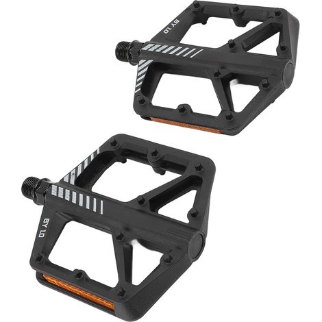 Pédales de vélo de route plates noires avec axe en acier au bore, revêtement en fibre de nylon antidérapant et cranté. (1/5)