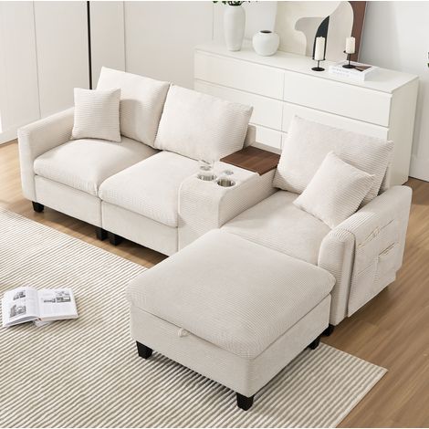 L-Ecksofa 4-Sitzer mit Konsole, USB-Anschlüssen, Becherhaltern, beige Cordstoff HAVRYA (1/5)