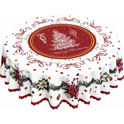 Nappe de Noël ronde en polyester, motif Père Noël, bonhomme de neige et sapin, 180 x 180 cm - Style 9 (1/2)