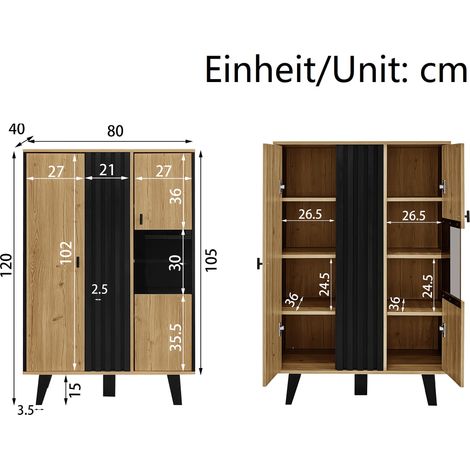 Buffet vitré bas LED, armoire avec éclairage intégré. Panneaux stratifiés noirs et bois, motif rayures unique.