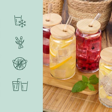 Trinkglas mit Bambusdeckel, 4er-Pack