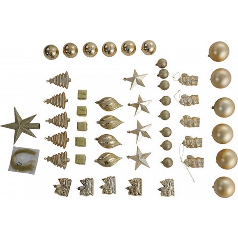 Dmora Box 50 Stück mehrformige Weihnachtsdekorationen, Ornamente und Spitze, Set Sortiment Weihnachtskugeln, Box Weihnachtsbaum Set, 4 bis 10 cm, Gold Farbe (1/3)