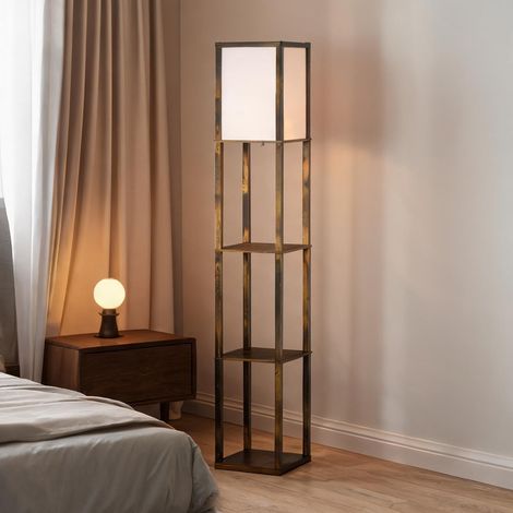 Lampe sur pied en bois avec étagères marron rustique intérieur (1/5)