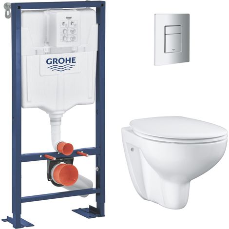 Grohe SOLIDO Pack Bâti-support + Cuvette suspendue + Abattant + Plaque chrome