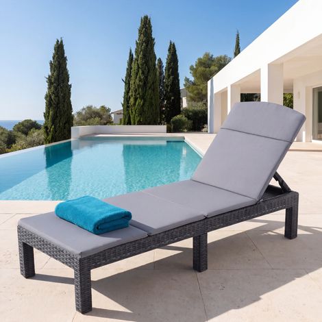 Bain de soleil -Chaise longue de jardin avec coussin gris, transat jardin exterieur, inclinable , pour piscine et terrasse, gris foncé (1/5)