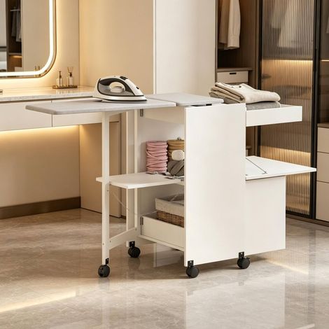 Mueble de planchado plegable 154x55x87 cm de MDF blanco, ahorro de espacio -FLORAGRACE (1/5)