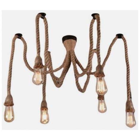 LAMPADARIO CORDA 6 LAMPADINE E27 CORDA DI CANAPA RUSTICO UNIVERSO 220V LED NUOVO