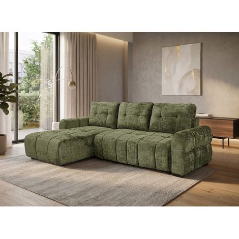 Canapé d'angle convertible avec coffre en velours chiné vert (1/5)