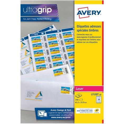 Etiquettes adresses laser 63,5 x 33,9 mm Avery L7159-10 - Boîte de 240 étiquettes personnalisables pour timbres (1/3)