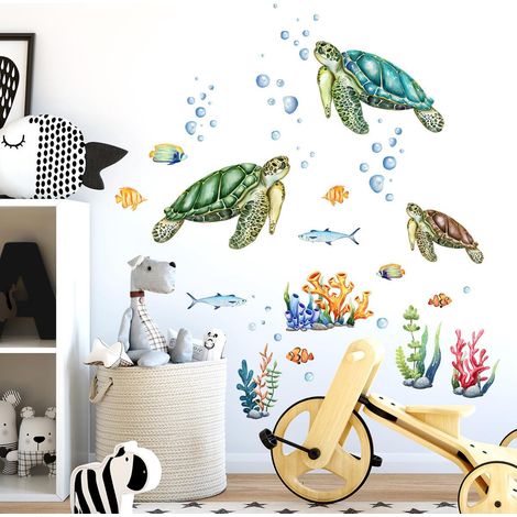 Décor mural autocollant tortue sous-marin corail stickers muraux chambre bébé salle de bain adhésif marin décoration murale enfant (1/5)