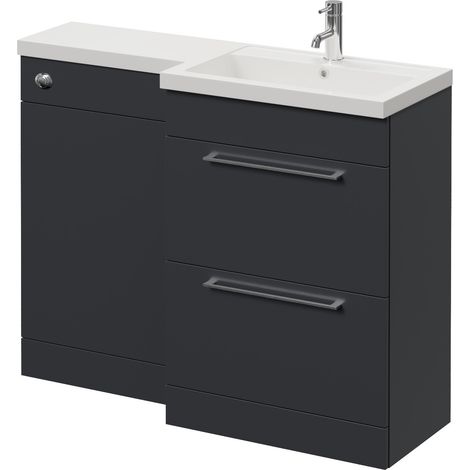 Napoli 390 Gloss Grey 1100mm 2 Drawer Vanity Unit Toilet Suite with Square Right Hand Lucia Basin - 1100mm - Chrome 320mm HandleWithout Kingston Toilet Pan