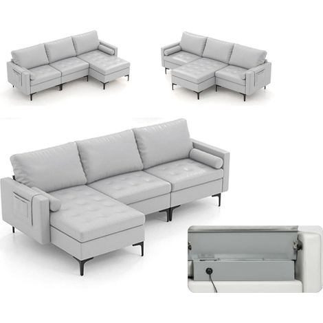 COSTWAY Mehre Kombination Sofa Collection, Sektionen Modular mit USB-Ports & Steckdose, Reversible Chaise Lounge, Storage Box, L-förmiges modulares Sofa für Wohnzimmer Schlafzimmer Büro, Hellgrau (1/5)