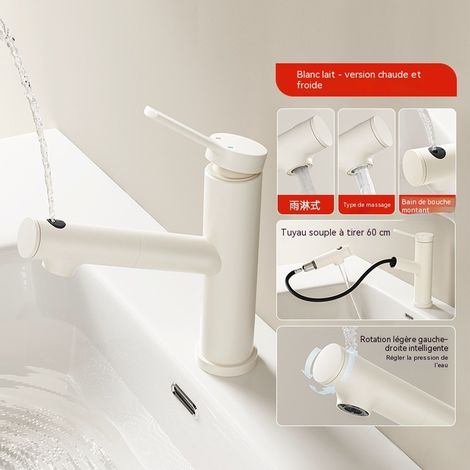 Robinet lavabo extensible cuivre blanc crème, mitigeur chaud froid 3 modes eau anti-éclaboussures (1/4)
