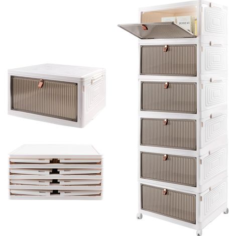 Boîtes de rangement, empilables en plastique à 6 couches avec porte et roues, boîte de rangement en plastique pliable et empilable pour cuisine, bureau et salon (blanc, 6 niveaux) (1/5)