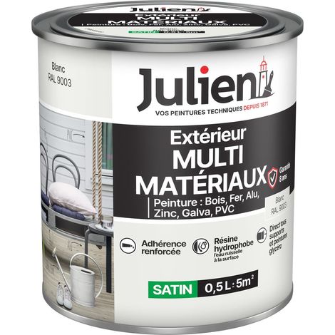 Julien Peinture Multi-Matériaux Satin en phase Aqueuse - Bois, Fer, Alu, PVC, Zinc, Acier galvanisé, brut ou peint - Blanc 0,5 L