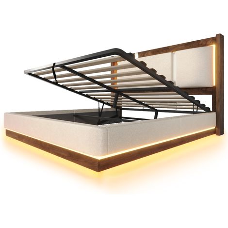 Letto matrimoniale 140x200 con rete, LED e contenitore, idraulico, beige e noce (1/5)