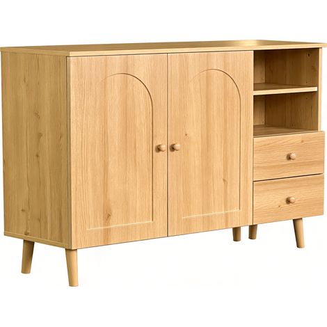 Credenza sideboard con ante ad arco, 2 ante, 2 cassetti e vani aperti, naturale (1/5)