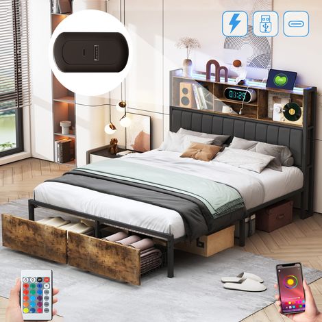 Letto matrimoniale 160x200 cm con 2 cassetti, LED, ricarica USB-A/C, testiera imbottita con ripiani, struttura in metallo, letto in legno - marrone