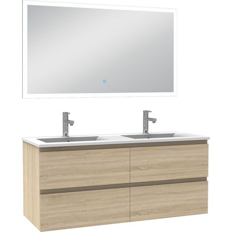 Ensemble Ocean meuble Salle de Bain 3pcs 120cm double vasque + miroir Chêne Wotan