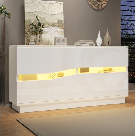 MODFU – Credenza 140x35x70 cm in pannelli e acrilico con LED Bluetooth, 4 ante push-to-open, mensole, portata 30 kg e 2 colli – Bianco lucido (1/5)