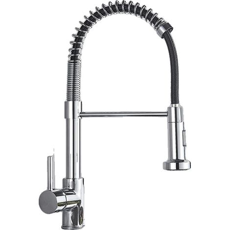 Grifo de cocina con resorte, monomando monomando con dos modos de agua, grifo mezclador de agua fría y caliente con pulsador, cromado. (1/2)