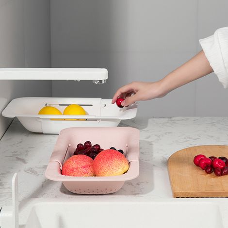 Panier de Vidange Rétractable pour Évier, Rack de Séchage Extensible en Plastique Vert, Passoire à Légumes et Fruits