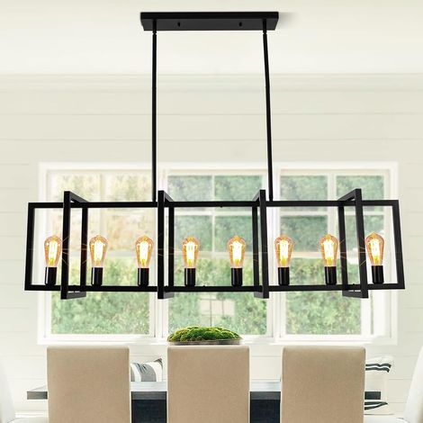 Ganeed Modern Kitchen Island Light, 8-Light Industrial Pendant Light Fixtures Linear Hanging Rustic Chandelier for Dining Room Living Room, Matte Black E26 Base (1/5)