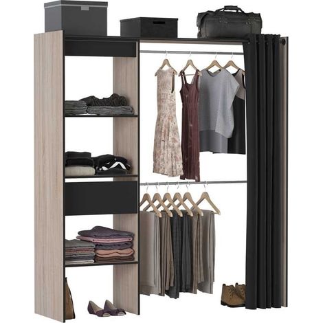Kit Armario Extensible 2 Barras colgadoras Columna con estantes y Cajon habitacion Dormitorio vestidor 187x168x50 cm (1/5)