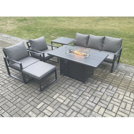 Fimous Aluminium Outdoor Garden Furniture Set Gas Fire Pit Dining Table Set Gas Heater Burner with 2 Arm Chair Side Table Big Footstool Dark Grey 6 Seater (1/5)