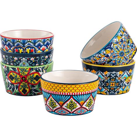 Moules à crème brûlée en porcelaine, 240 ml, moules à soufflé, lot de 6, petits plats à four colorés pour de délicieuses viandes épicées, ragoûts raffinés et puddings - style bohème. (1/5)