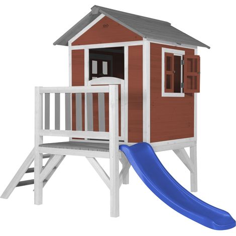 Axi Maison Enfant Beach Lodge Xl En Rouge Avec Toboggan Bleu  Maison De Jeux En Bois Ffc Pour Les Enfants  Maisonnette / Cabane En Bois