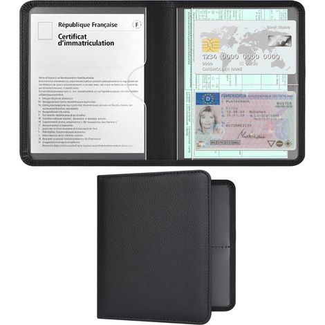 Pochette Carte Grise Voiture, Porte Documents Voiture en Cuir PU, Organisateur Auto Compact pour Carte Grise, Assurance, Permis et Carte Verte, Accessoires Voiture Boîte à Gants (Noir) (1/5)