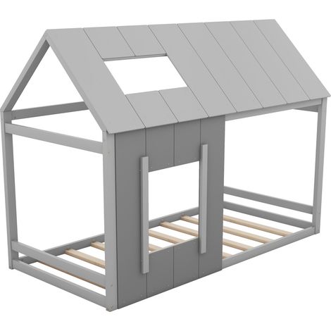 Letto per bambini a casetta 90 x 200 cm grigio in pino e MDF con tetto e finestra (1/5)