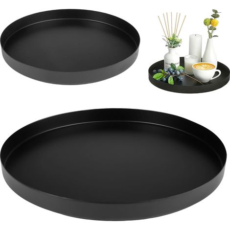 Set di 2 vassoi decorativi, 20 cm e 25 cm, neri, rotondi, ideali per cosmetici, candele, sapone, asciugamani, piante. Vassoio decorativo rotondo in metallo per tavolo, bagno e cucina. (1/5)
