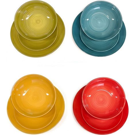 Servizio Piatti 12 Pezzi in Stoneware Set 4 posti Tavola Multicolor Moderno per 4 Persone 4 Piatti Piani 4 Fondi  4 Frutta Effetto Dipinto a Mano