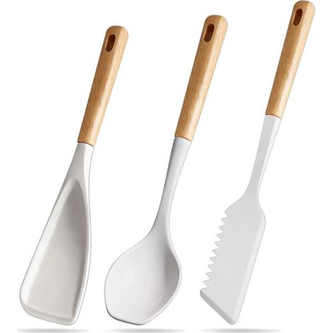 Set di spatole multifunzionali composto da 3 spatole in silicone con manici in legno, un cucchiaio multifunzionale per padelle antiaderenti e un cucchiaio da cucina resistente al calore. (1/5)