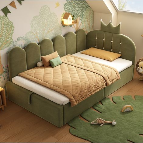 Cama de día 90x200 cm verde en terciopelo con almacenaje hidráulico (1/5)