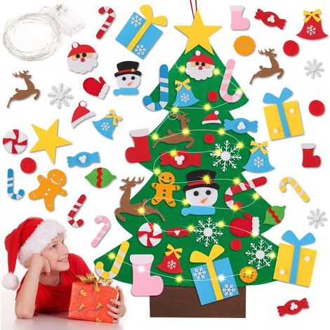 Sapin de Noël en Feutrine pour Enfant, Sapin en Feutre, Feutre Arbre de Noël, Arbre de Noël en Feutre DIY Vitrine avec LED lumières 26 Ornements détachables Déco Noël Décoration Noël (1/5)
