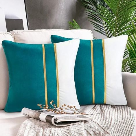 Housse de Coussin 45x45 cm Moderne Lot de 2 Coutures en Cuir Doré Housses d'oreiller Velours Turquoise Taie d'oreiller pour Lit Canapé Voiture Home Décoratif Luxe Maison Salon Chambre (1/4)