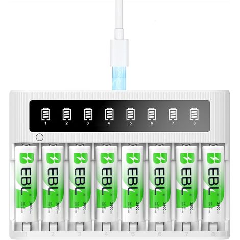 LCD Chargeur de Piles Rechargeables, avec 8PCS AA NiMH Piles  Charge Rapide, Écran LCD Intelligent, pour Utilisation Electroniques Domestique et Bureau (1/5)
