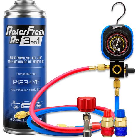 Pack Gas Refrigerante Ralerfresh RC R1234YF 3en1 500ml con Manometro RF31, llave y conectores (1/5)