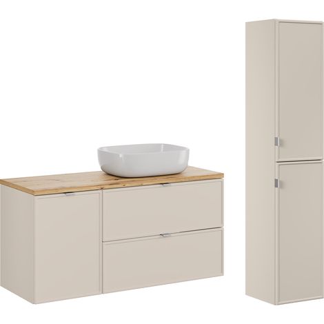 Ensemble meuble simple vasque 120cm panier à linge et colonne Alba Cachemire (1/5)