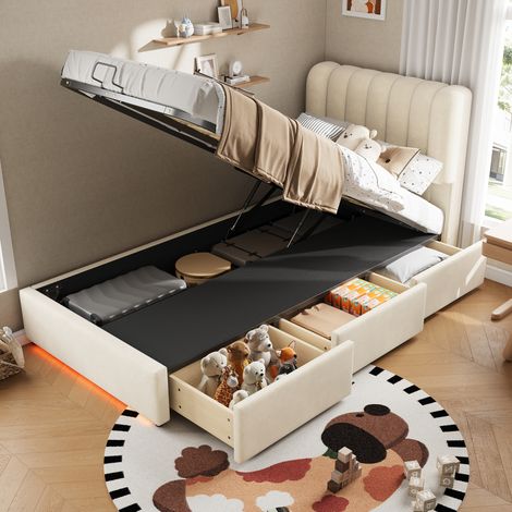 Lit simple coffre 90x200 cm avec vérins hydrauliques, 3 tiroirs et LED, beige HAVRYA (1/5)